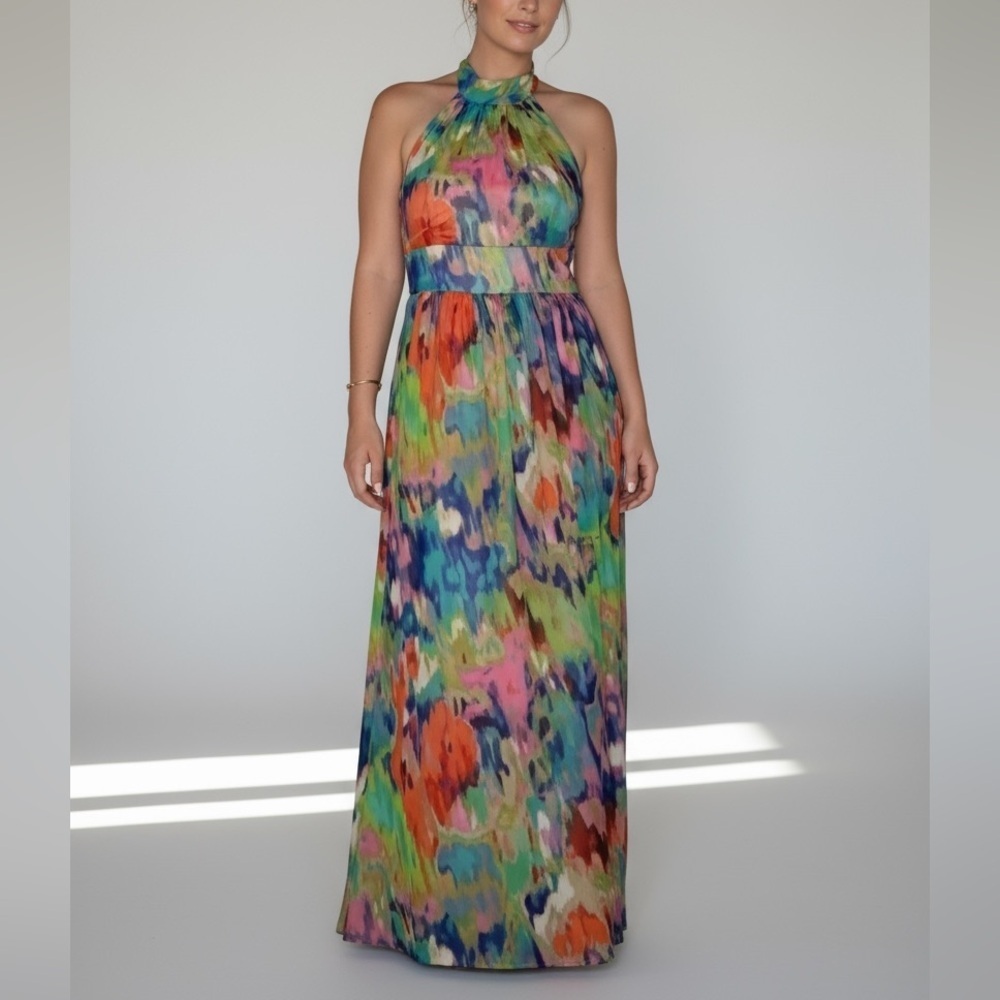 Eliza J Maxi Dress High Neck Halter Tie Rainbow Tie Dye 8